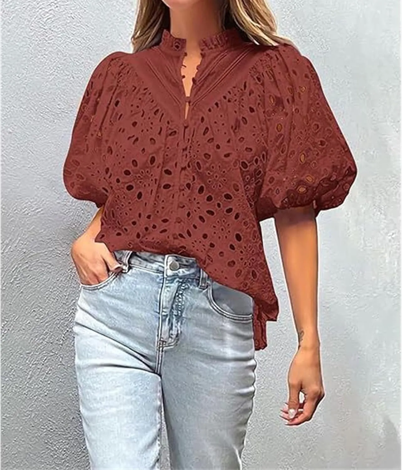 Women's Eyelet Tops Casual Puff Short Sleeve V Neck Tops Breathable Hollow Out Embroidered Shirts Button Down Shirts