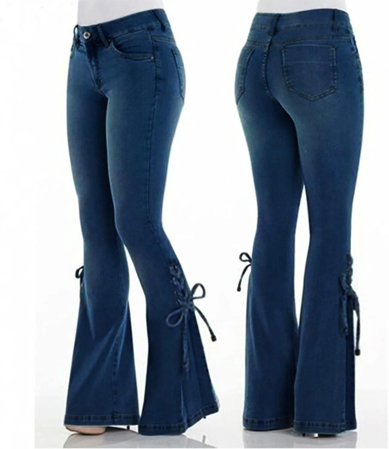 Womens Flared Bell Bottom Jeans Classic Stretch Wide Leg Jeans Casual Pull On Ripped Boyfriend Jeans