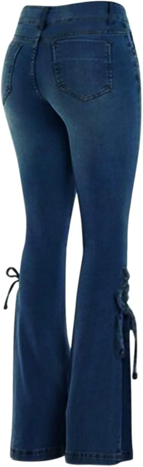 Womens Flared Bell Bottom Jeans Classic Stretch Wide Leg Jeans Casual Pull On Ripped Boyfriend Jeans