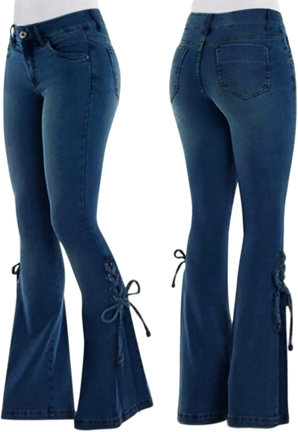 Womens Flared Bell Bottom Jeans Classic Stretch Wide Leg Jeans Casual Pull On Ripped Boyfriend Jeans