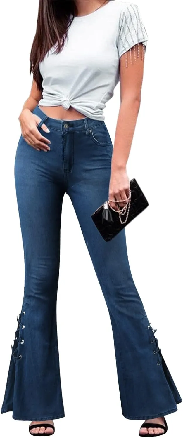 Womens Flared Bell Bottom Jeans Classic Stretch Wide Leg Jeans Casual Pull On Ripped Boyfriend Jeans