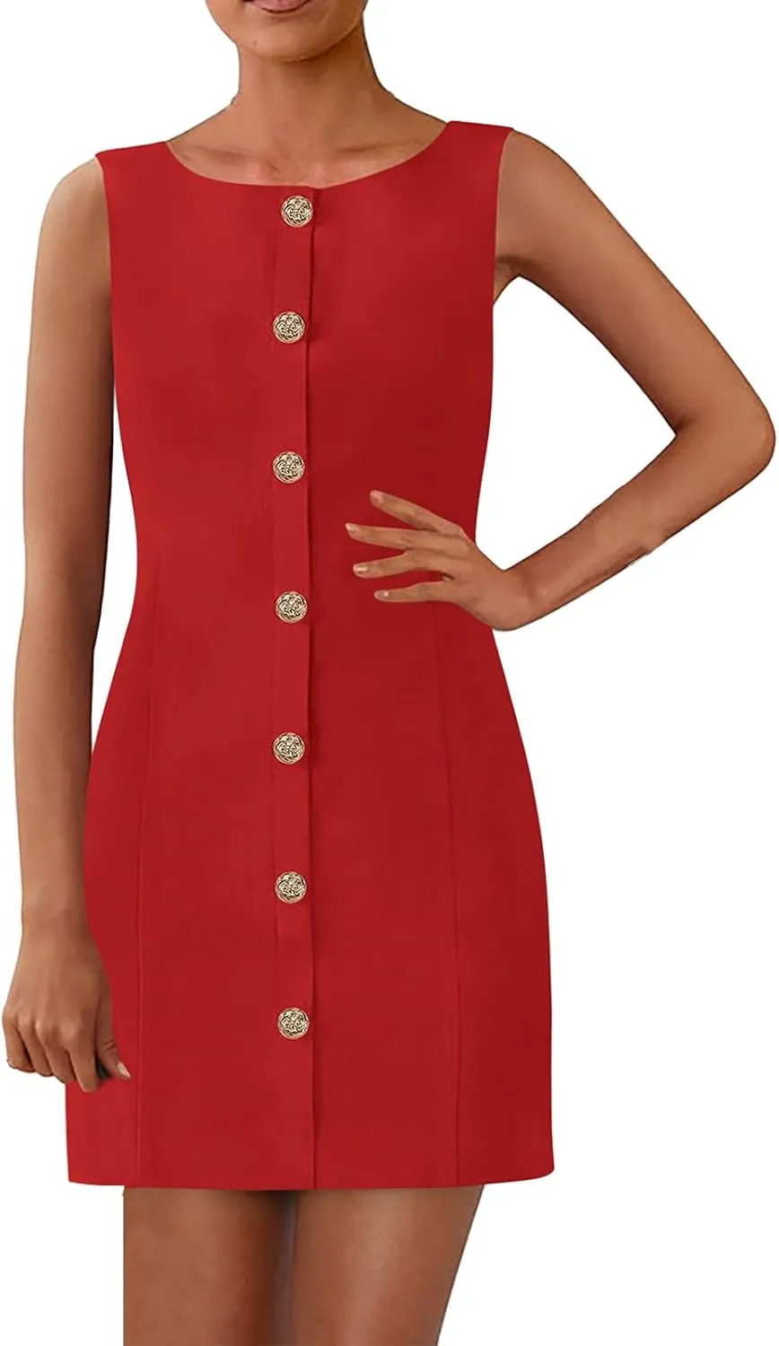 Womens Formal Dress Sleeveless Button Down Crewneck Mini Dress Summer Elegant Business Work Office Short Dresses