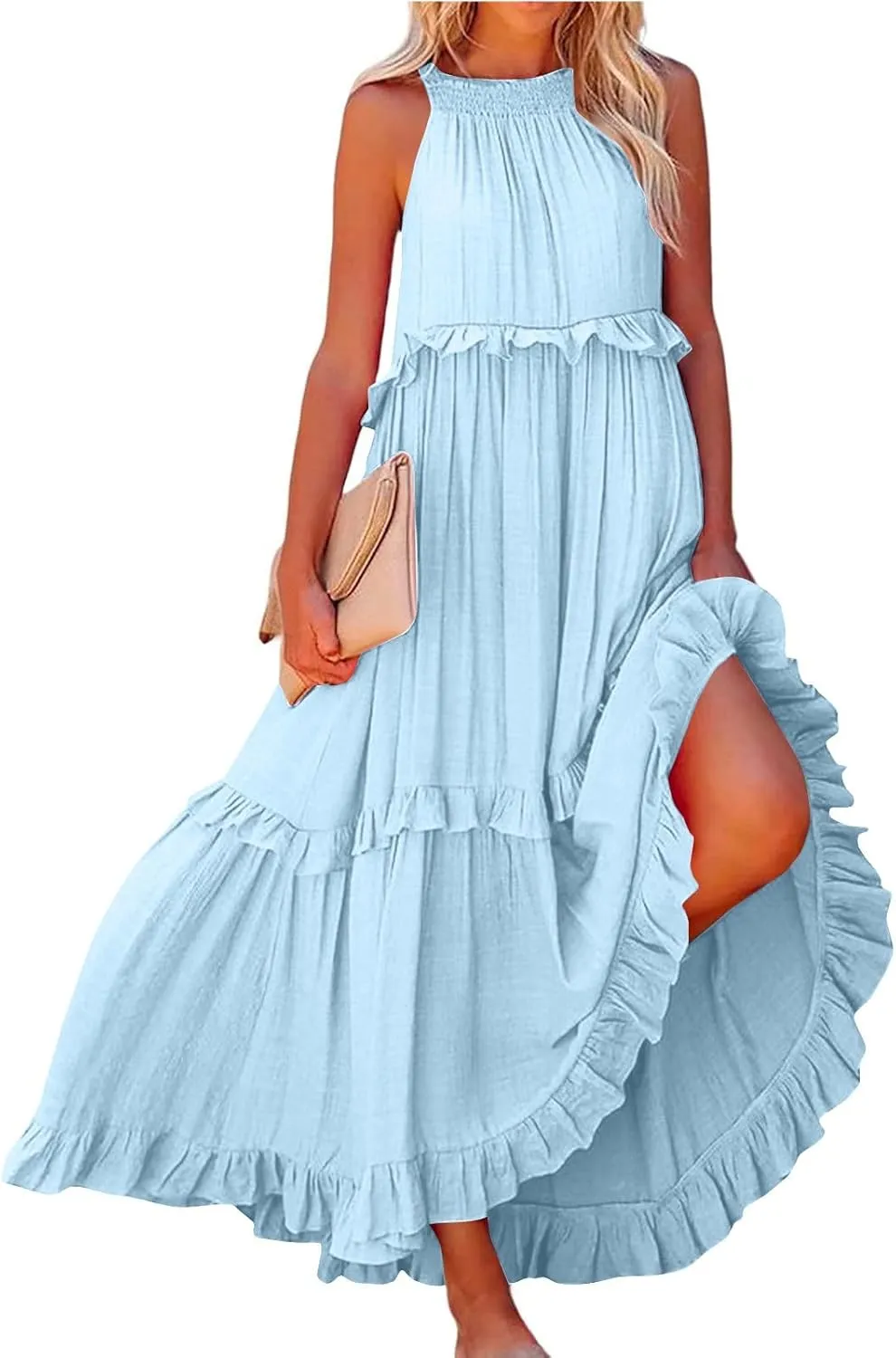 Womens Halter Boho Maxi Dress Summer Sleeveless Flowy Swing Tiered Dress Loose Ruffle Hem Elegant Wedding Guest Dress