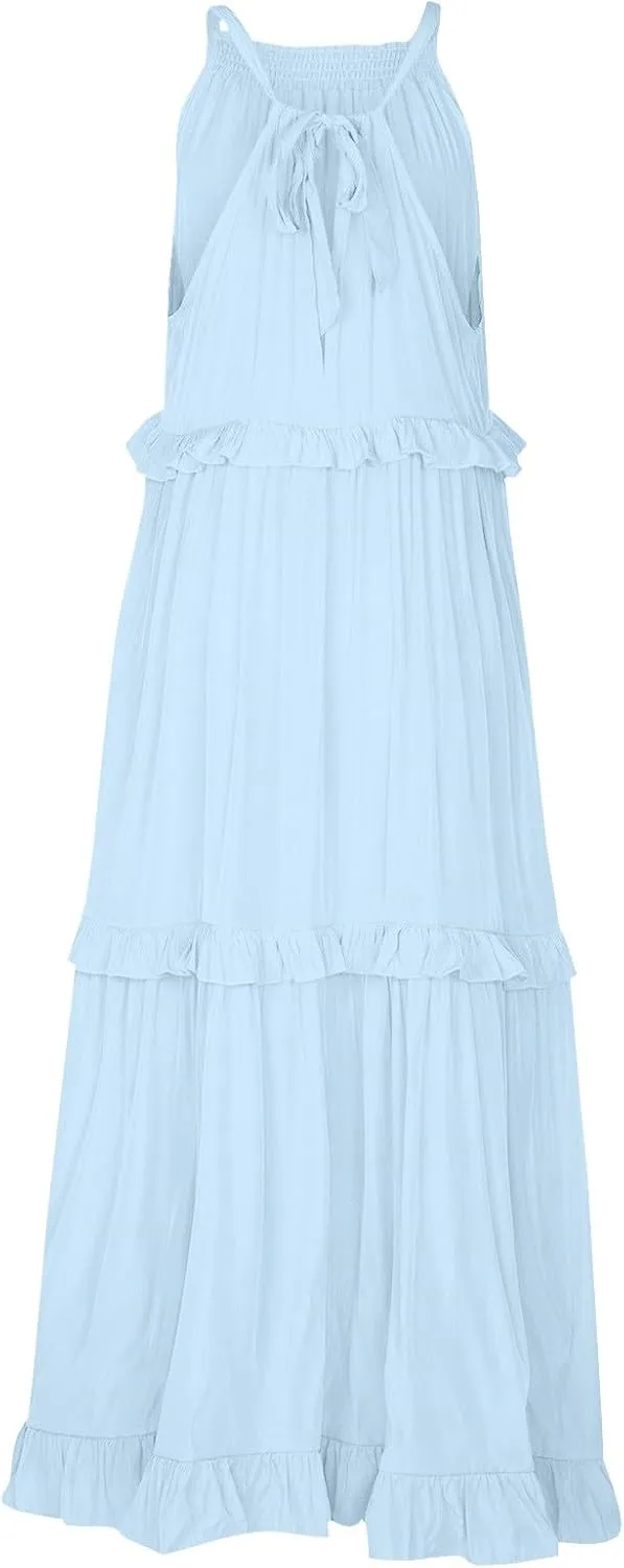 Womens Halter Boho Maxi Dress Summer Sleeveless Flowy Swing Tiered Dress Loose Ruffle Hem Elegant Wedding Guest Dress