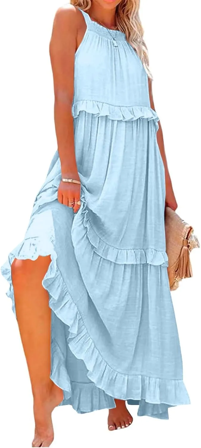 Womens Halter Boho Maxi Dress Summer Sleeveless Flowy Swing Tiered Dress Loose Ruffle Hem Elegant Wedding Guest Dress