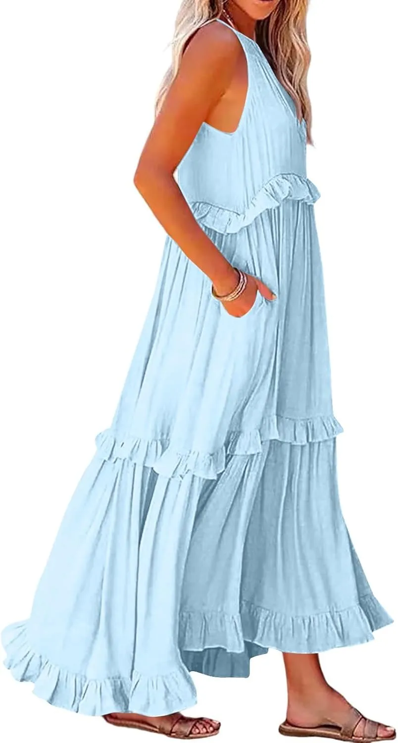 Womens Halter Boho Maxi Dress Summer Sleeveless Flowy Swing Tiered Dress Loose Ruffle Hem Elegant Wedding Guest Dress