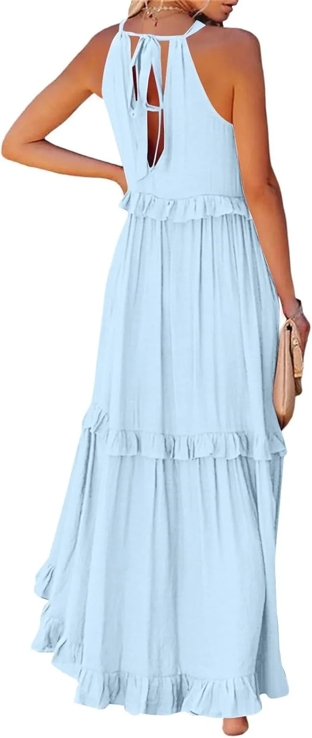 Womens Halter Boho Maxi Dress Summer Sleeveless Flowy Swing Tiered Dress Loose Ruffle Hem Elegant Wedding Guest Dress
