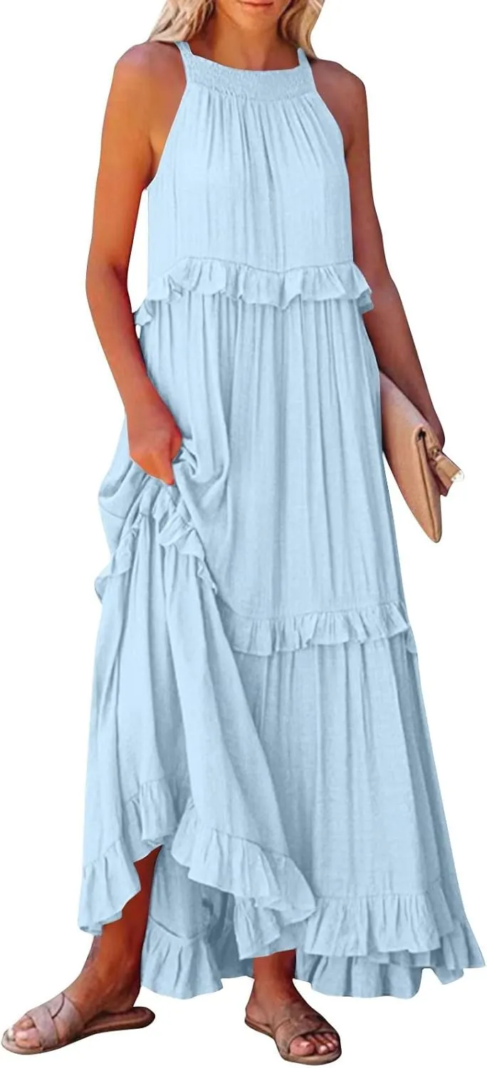 Womens Halter Boho Maxi Dress Summer Sleeveless Flowy Swing Tiered Dress Loose Ruffle Hem Elegant Wedding Guest Dress