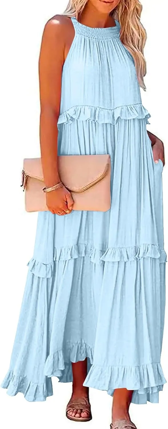 Womens Halter Boho Maxi Dress Summer Sleeveless Flowy Swing Tiered Dress Loose Ruffle Hem Elegant Wedding Guest Dress