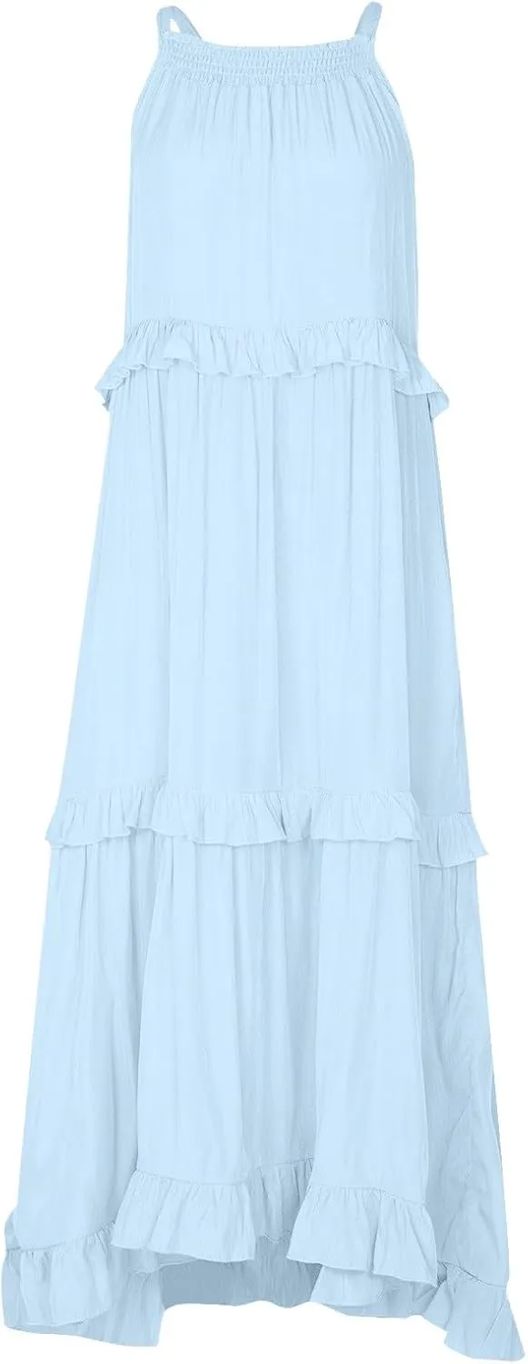 Womens Halter Boho Maxi Dress Summer Sleeveless Flowy Swing Tiered Dress Loose Ruffle Hem Elegant Wedding Guest Dress