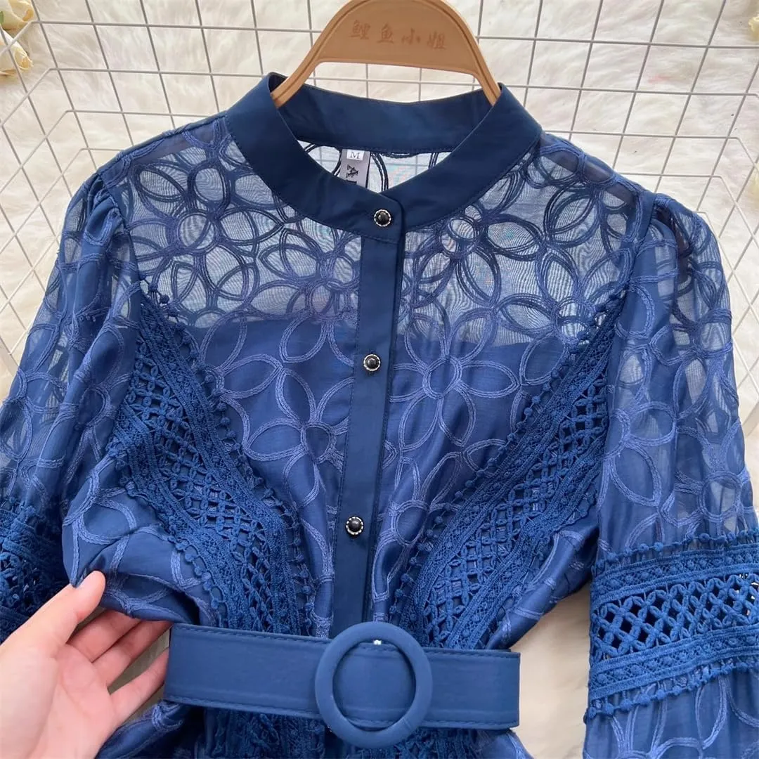 Women's Hollow Shirt Dress Lace Print Single Breasted Party Midi Dress