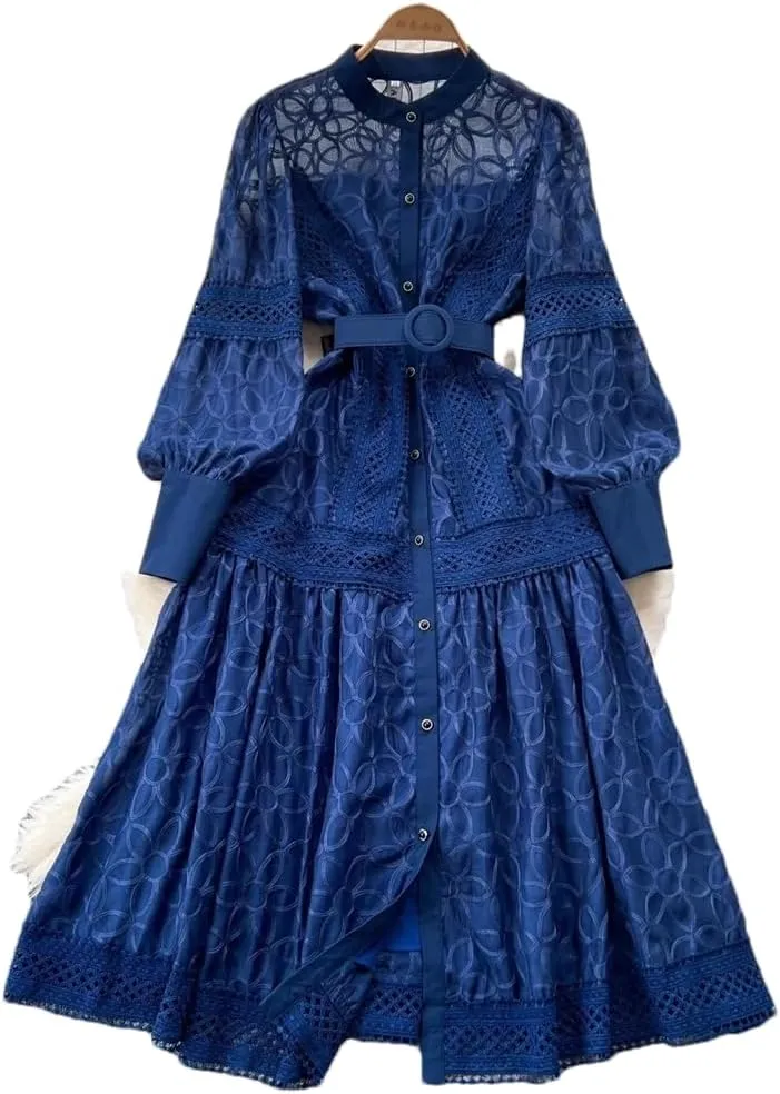Women's Hollow Shirt Dress Lace Print Single Breasted Party Midi Dress