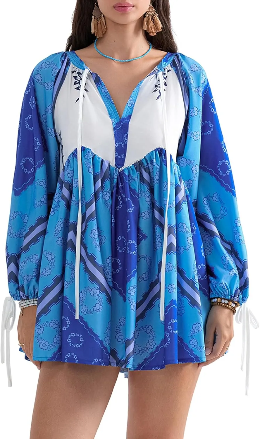 Womens Long Puffle Sleeve V Neck Tunic Dress Loose Flowy Shift Mini Dress Boho Shirt Dress Fall Party Ruffle Dress