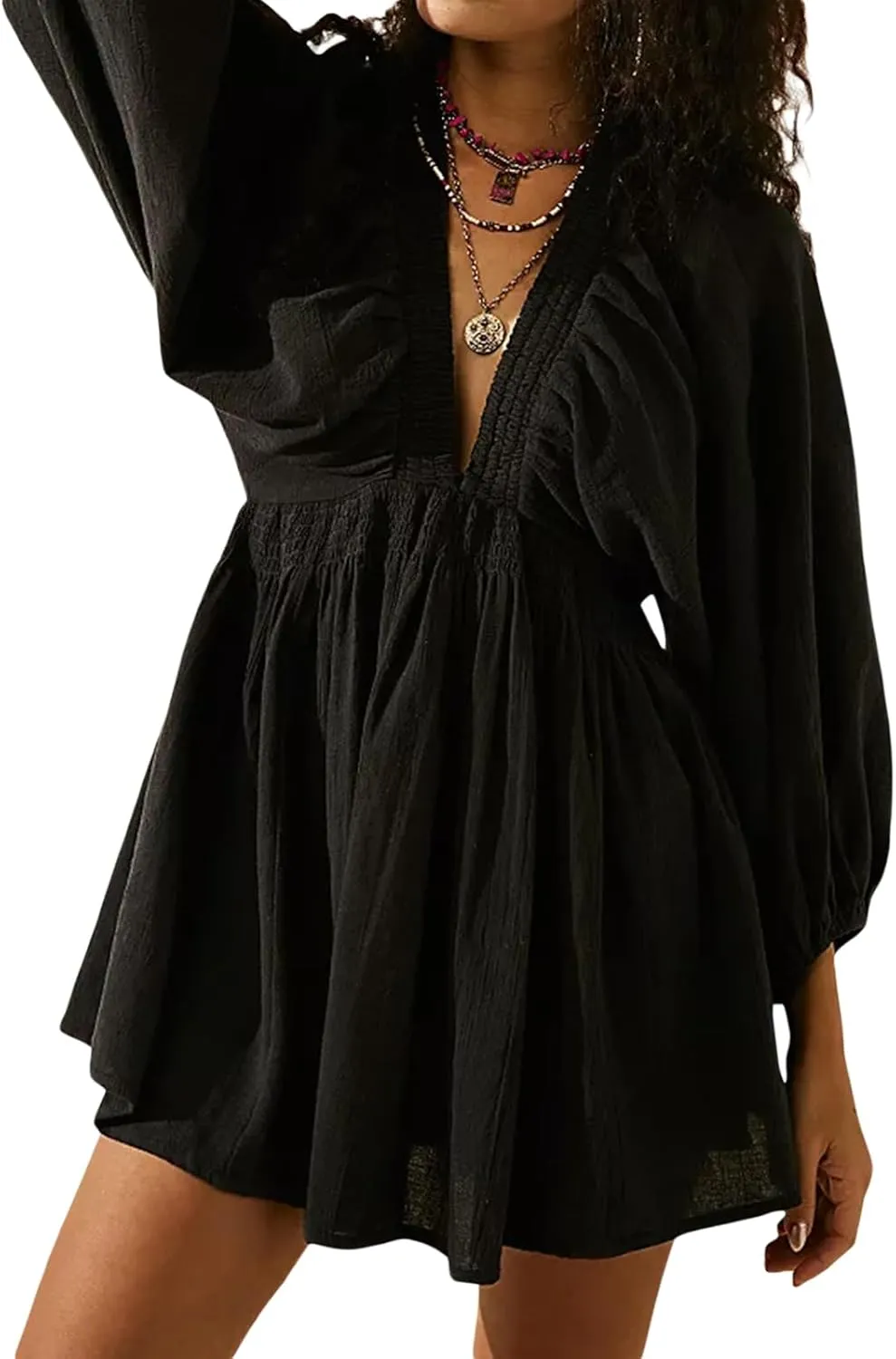 Womens Long Puffle Sleeve V Neck Tunic Dress Loose Flowy Shift Mini Dress Boho Shirt Dress Fall Party Ruffle Dress