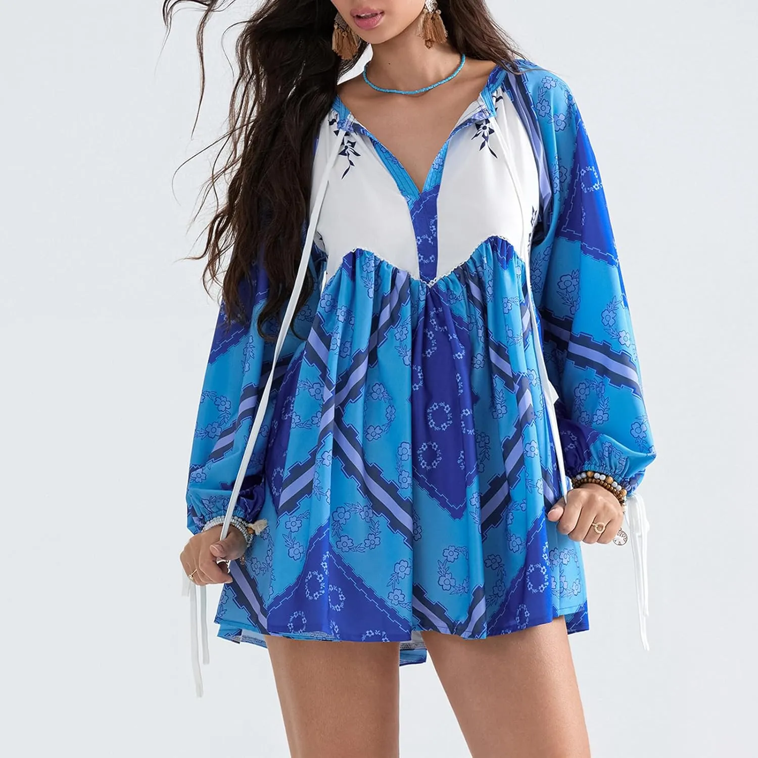 Womens Long Puffle Sleeve V Neck Tunic Dress Loose Flowy Shift Mini Dress Boho Shirt Dress Fall Party Ruffle Dress