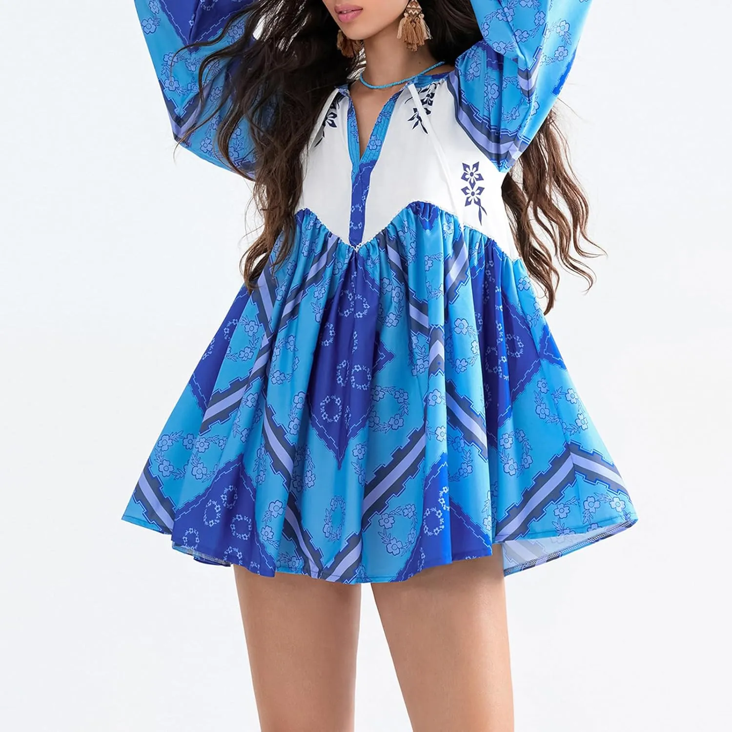 Womens Long Puffle Sleeve V Neck Tunic Dress Loose Flowy Shift Mini Dress Boho Shirt Dress Fall Party Ruffle Dress