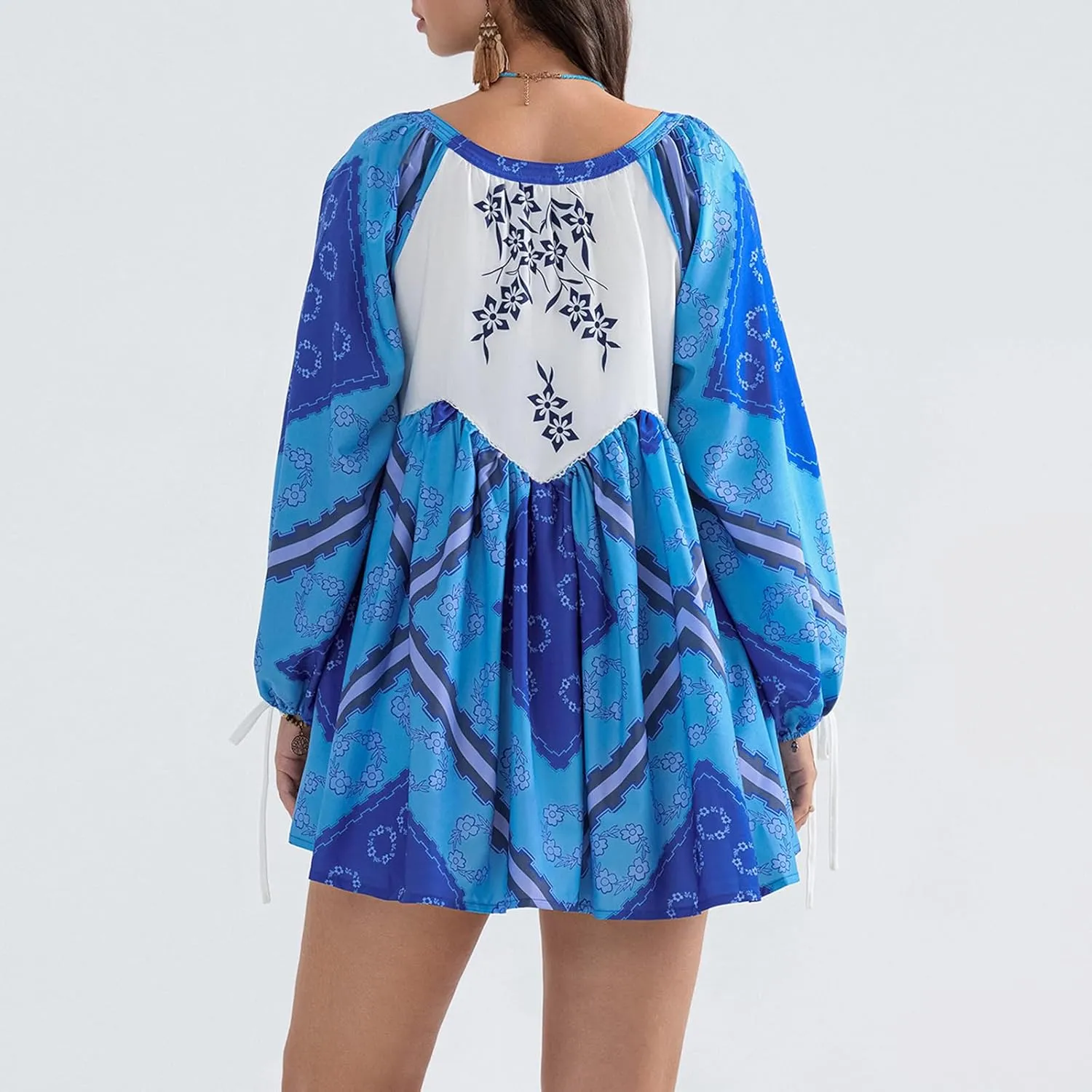 Womens Long Puffle Sleeve V Neck Tunic Dress Loose Flowy Shift Mini Dress Boho Shirt Dress Fall Party Ruffle Dress