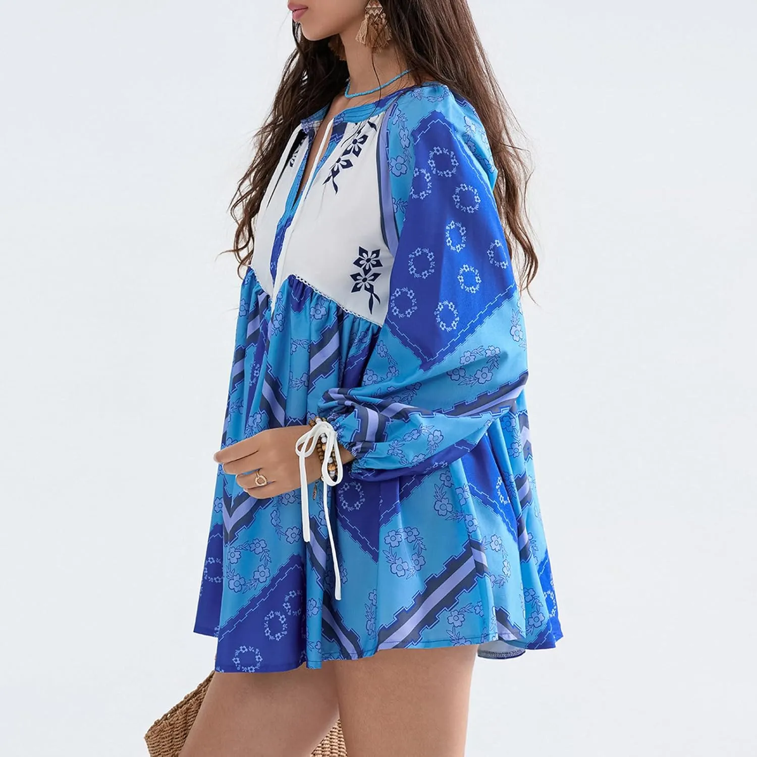 Womens Long Puffle Sleeve V Neck Tunic Dress Loose Flowy Shift Mini Dress Boho Shirt Dress Fall Party Ruffle Dress