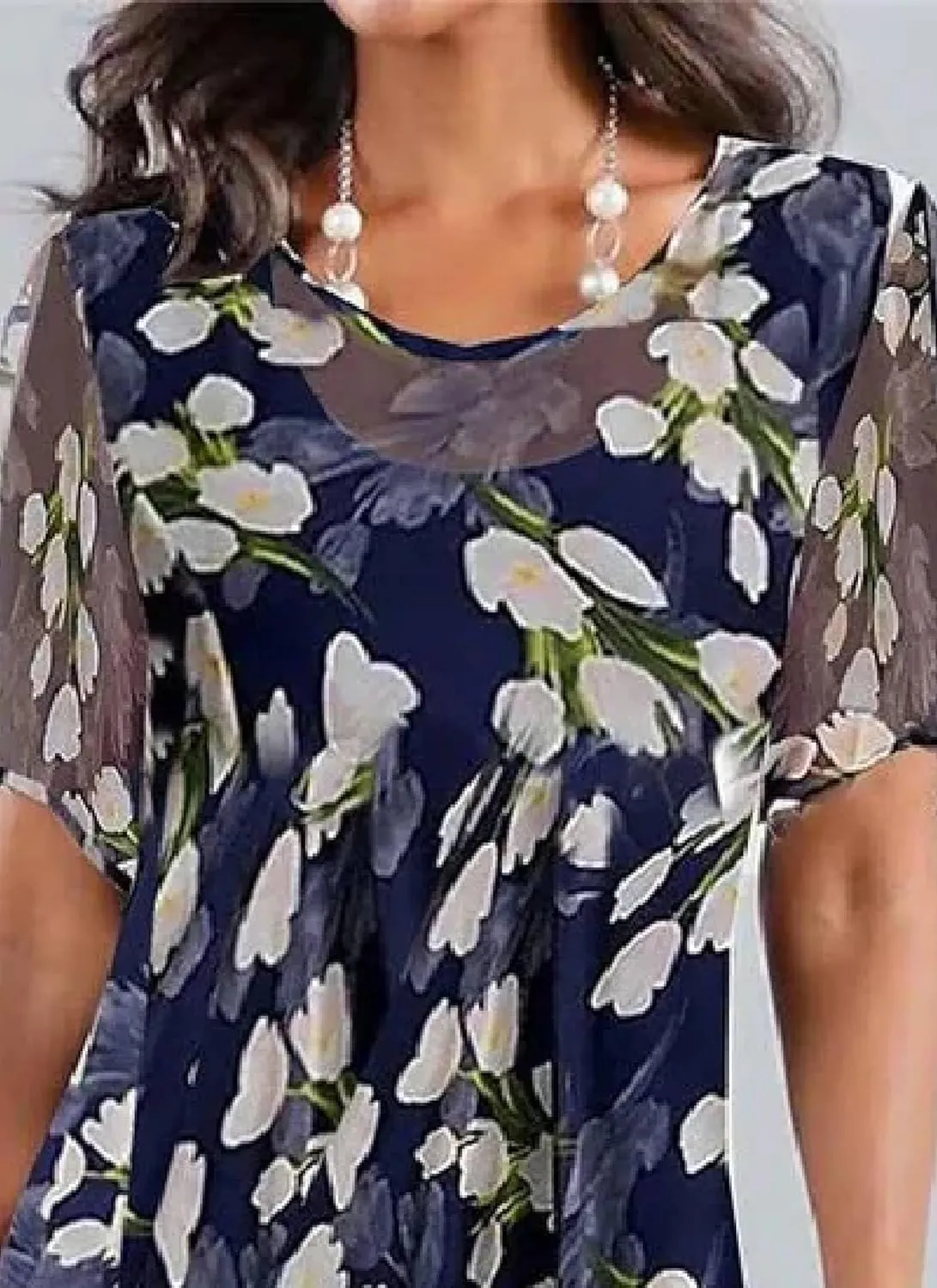 Women's Loose Shift Floral Print Short Sleeve Crewneck Blue Midi Dress 2025 Spring Summer Fashion Casual Elegant Dress