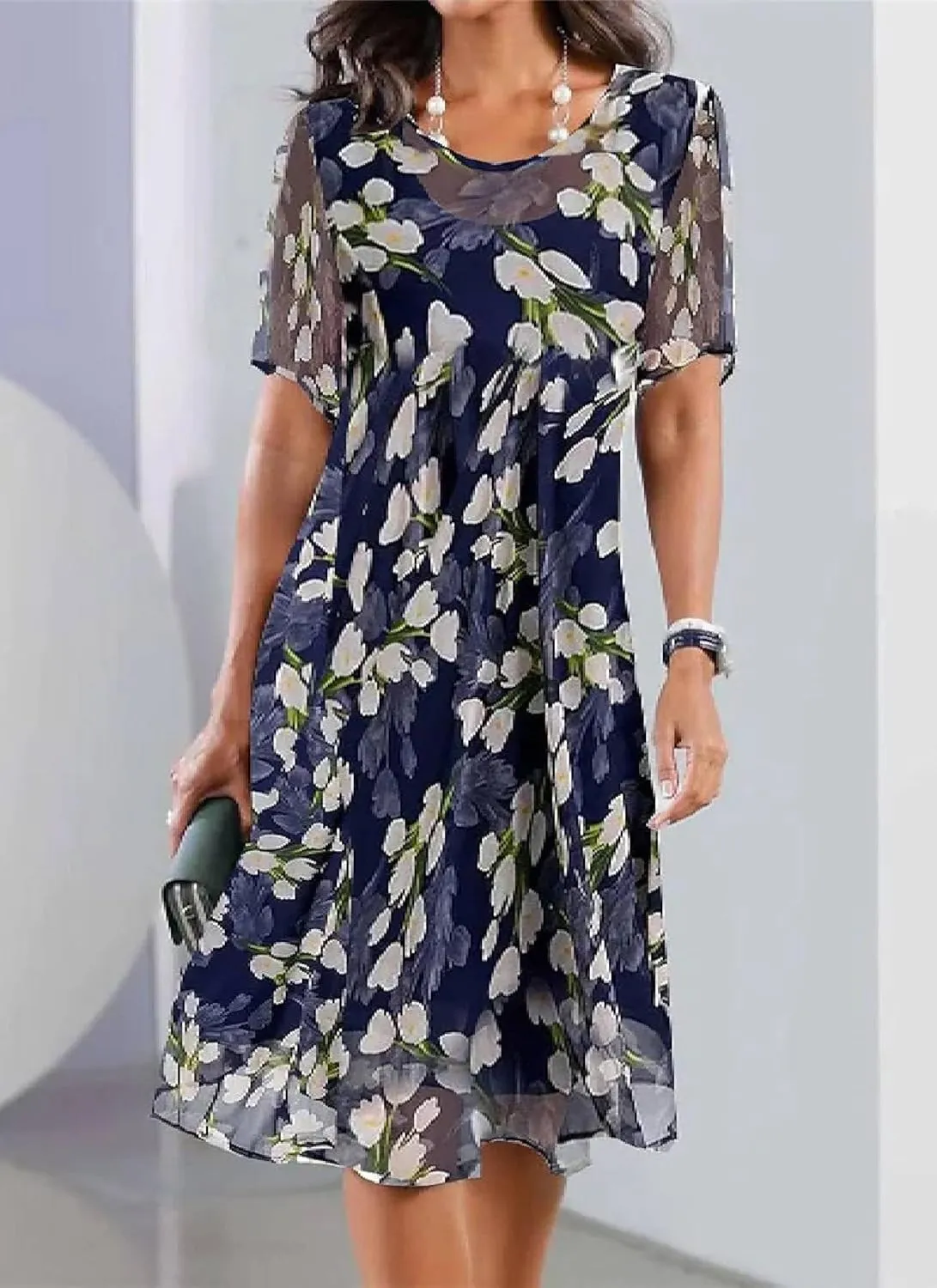 Women's Loose Shift Floral Print Short Sleeve Crewneck Blue Midi Dress 2025 Spring Summer Fashion Casual Elegant Dress