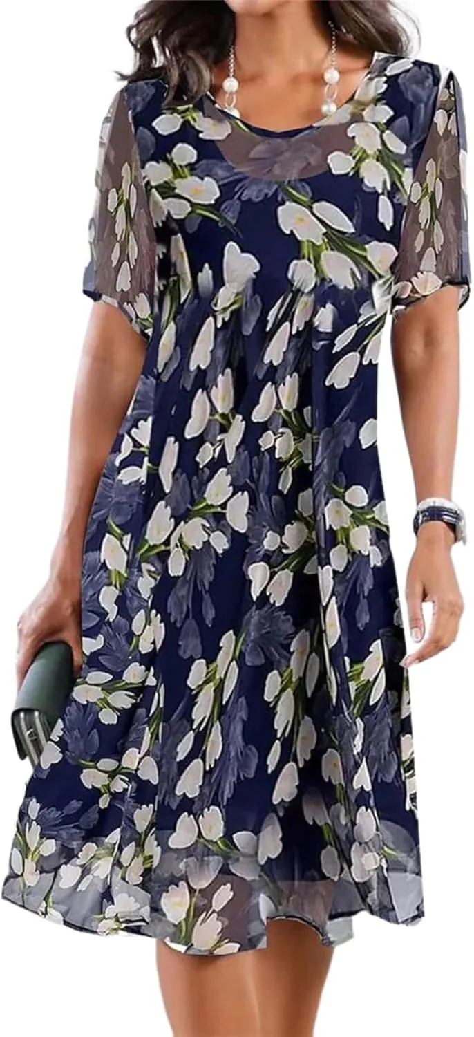 Women's Loose Shift Floral Print Short Sleeve Crewneck Blue Midi Dress 2025 Spring Summer Fashion Casual Elegant Dress