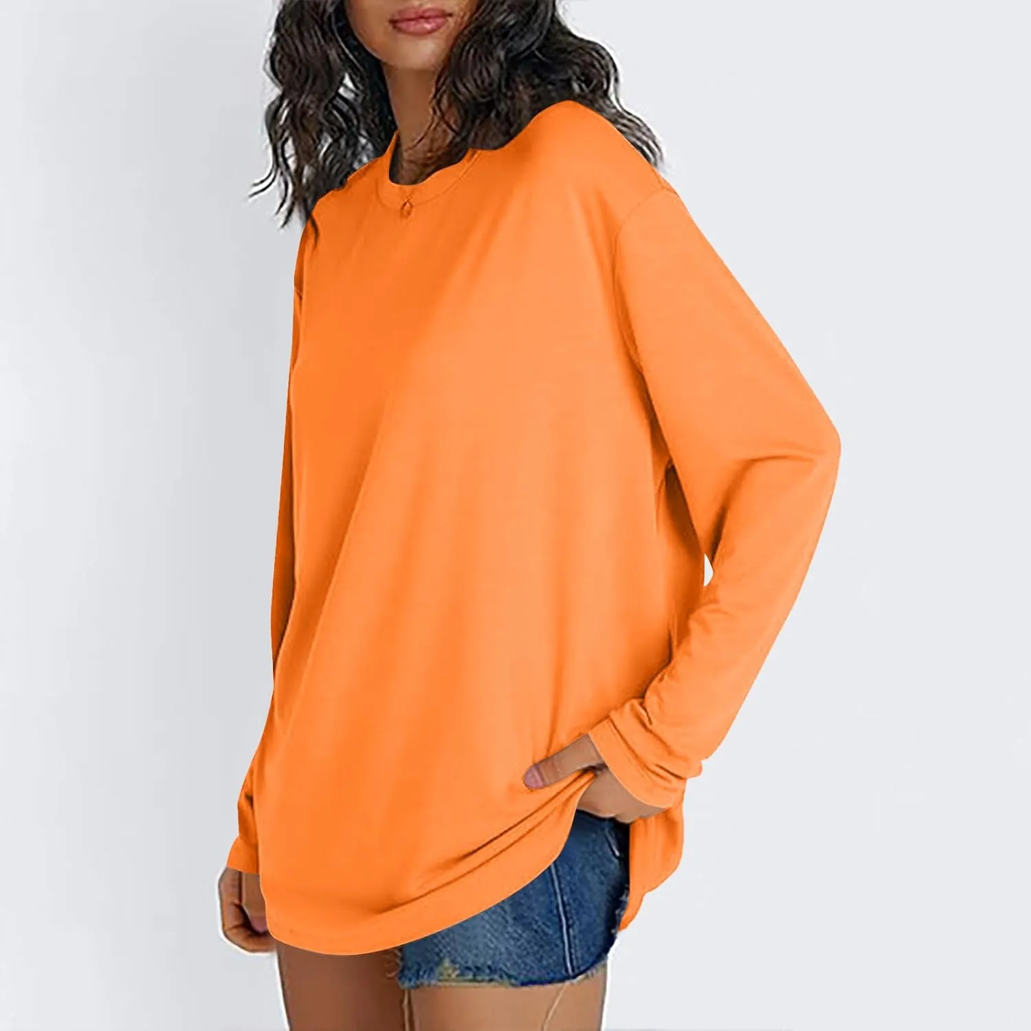 Womens Oversized Long Sleeve T Shirts Basic Crewneck Tee Fall Tops Solid Comfortable Workout Fashion Casual Clothes