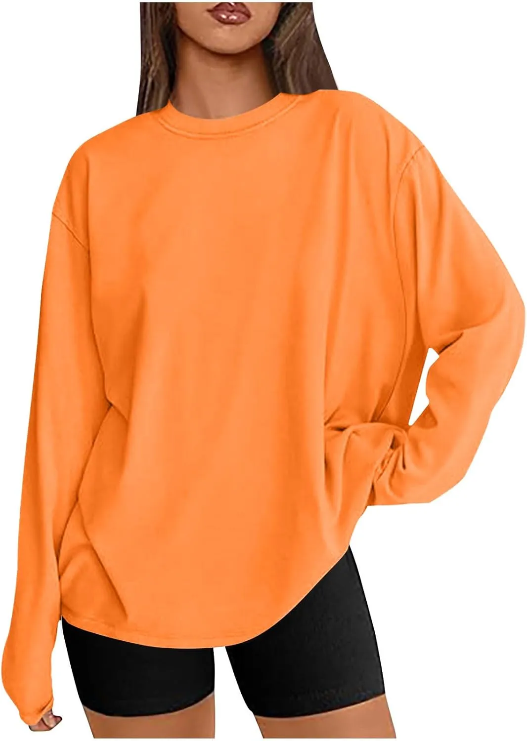 Womens Oversized Long Sleeve T Shirts Basic Crewneck Tee Fall Tops Solid Comfortable Workout Fashion Casual Clothes