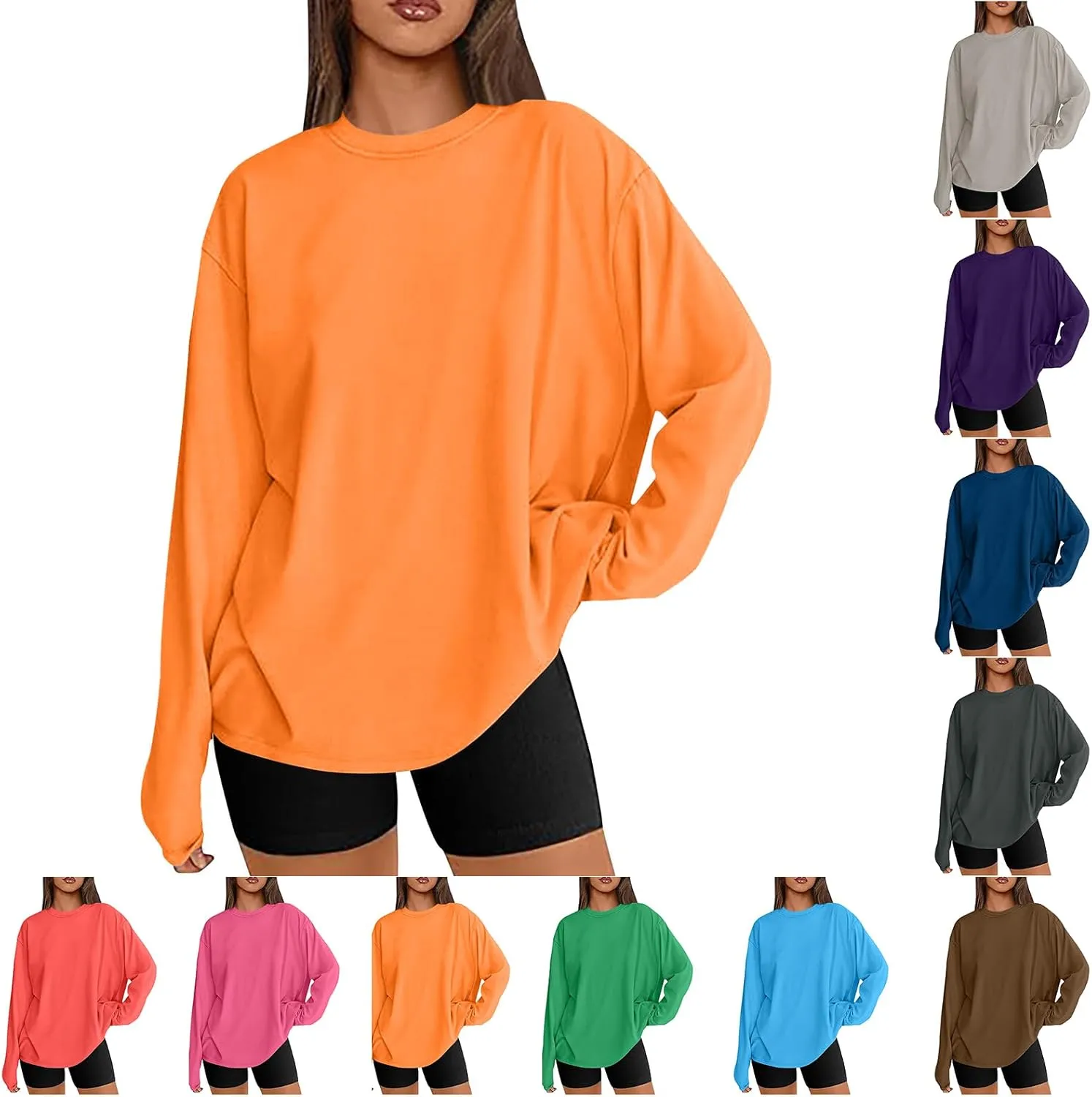 Womens Oversized Long Sleeve T Shirts Basic Crewneck Tee Fall Tops Solid Comfortable Workout Fashion Casual Clothes
