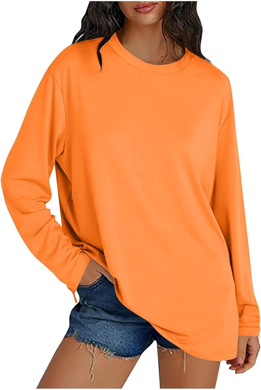 Womens Oversized Long Sleeve T Shirts Basic Crewneck Tee Fall Tops Solid Comfortable Workout Fashion Casual Clothes