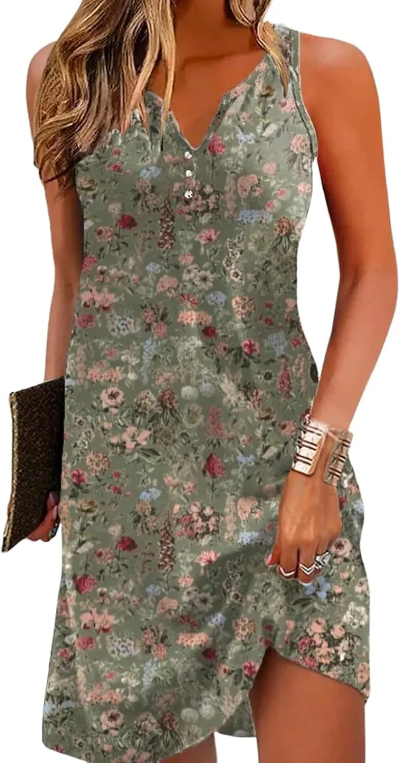 Women's Summer Floral Strap Mini Dress Loose Sexy Shift Dress Stylish Sleeveless Button Slip Sundress