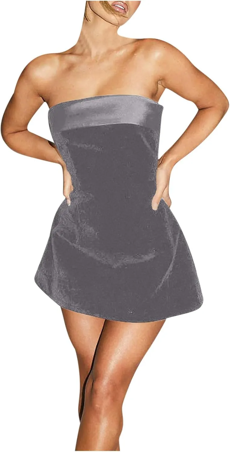 Women's Velvet Strapless Dress Sexy Off Shoulder Bodycon A-Line Mini Dress Evening Party Nightclub Tube Top Dress