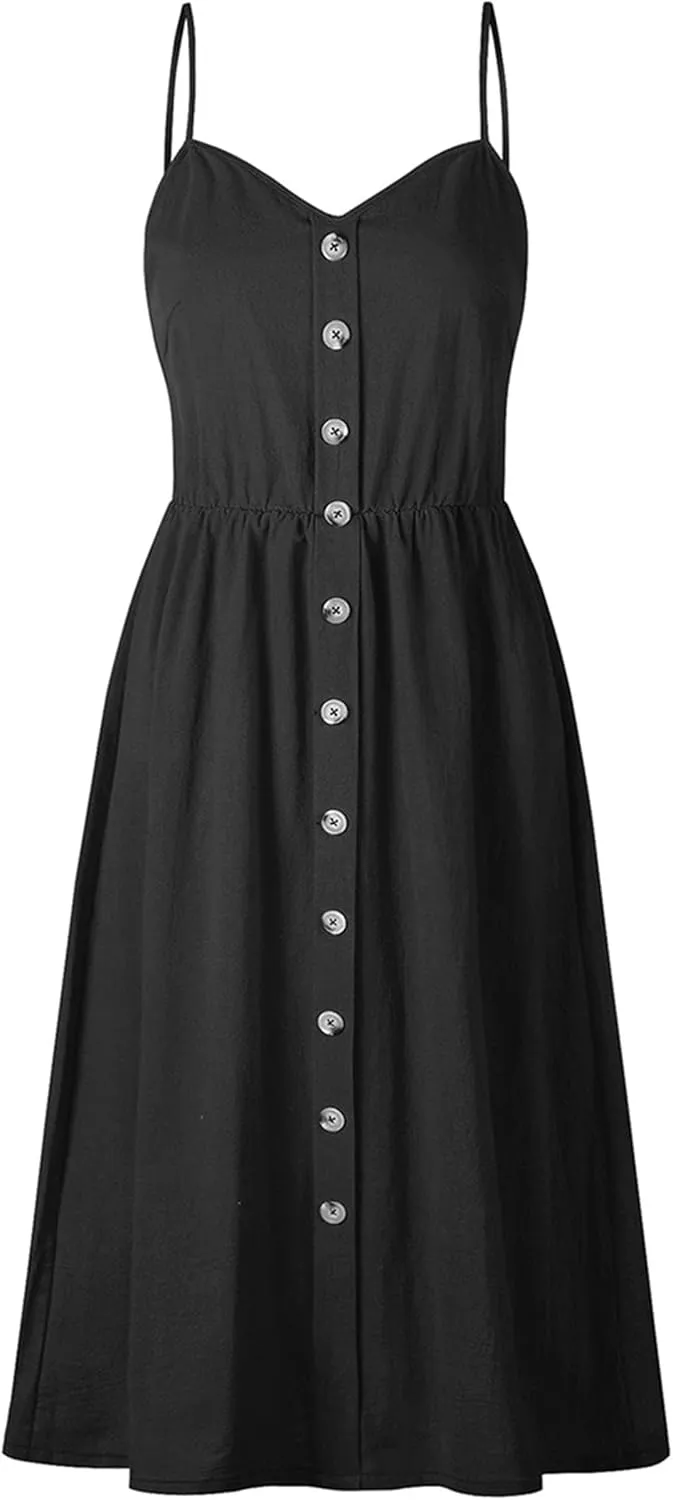 YMING Womens Summer Spaghetti Strap Dresses Button Down Floral Sundress High Waist Swing Midi Dress with Pockets