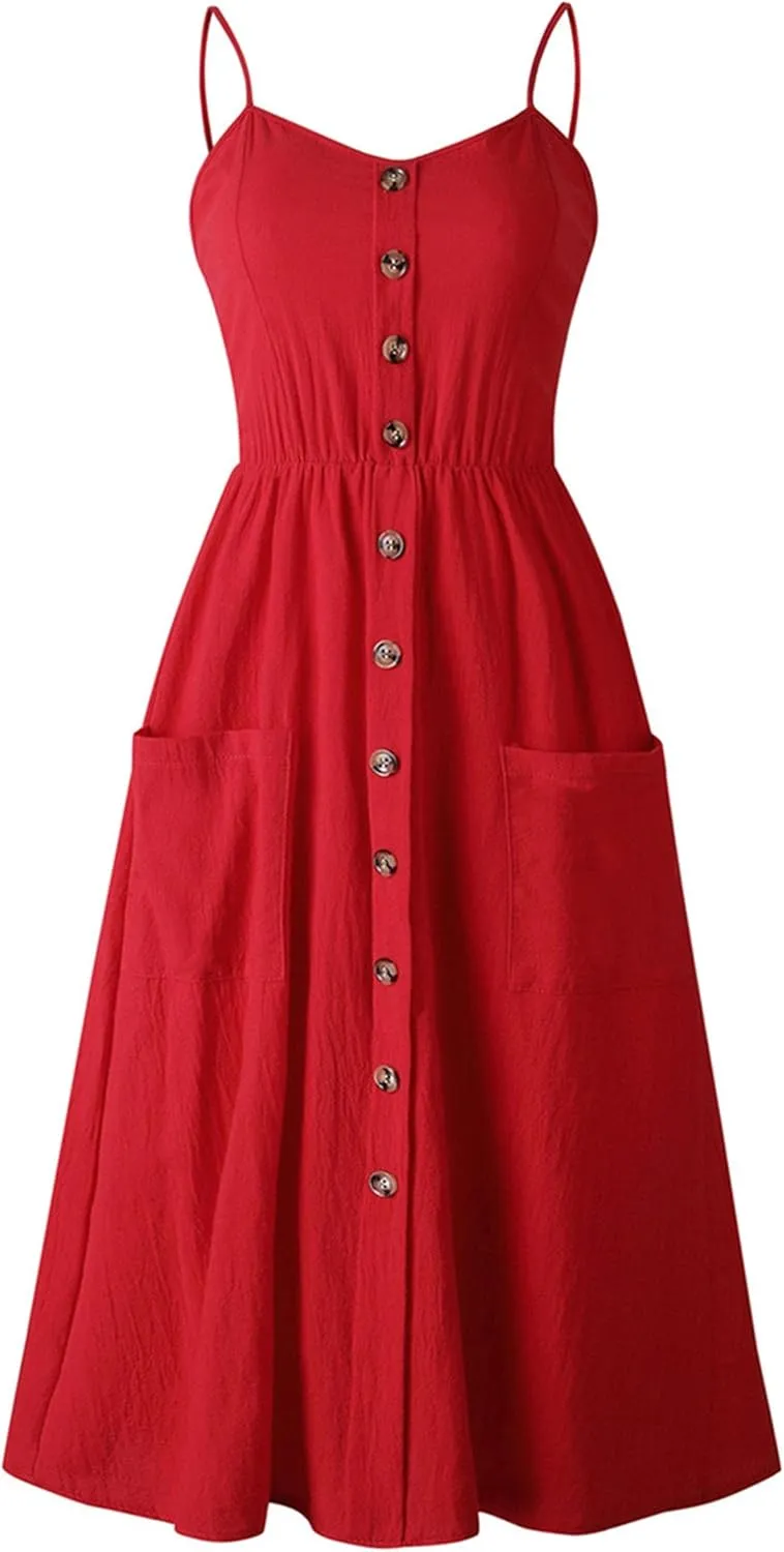 YMING Womens Summer Spaghetti Strap Dresses Button Down Floral Sundress High Waist Swing Midi Dress with Pockets