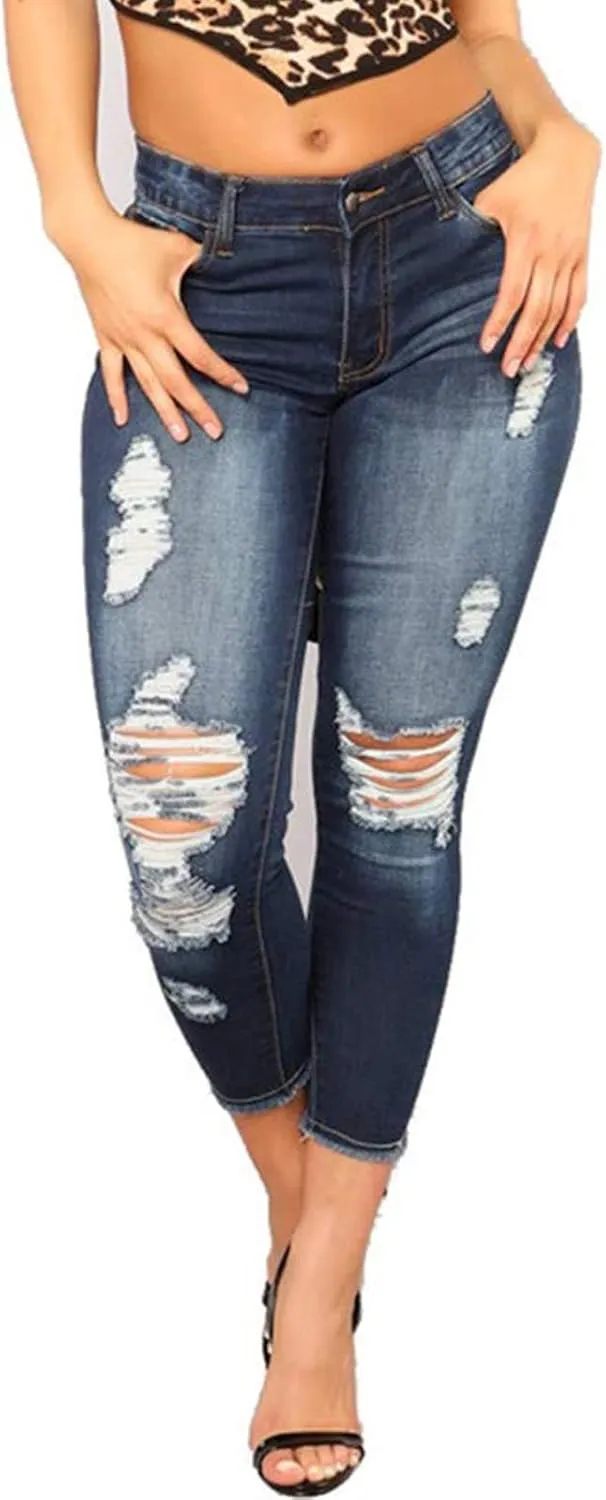 zhuiming Ripped Jeans for Women Distressed Stretch Skinny Jeans High Rise Denim Jeans Slim Fit Mom Pants Ankle Jeans Trousers Dark Blue